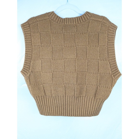 Hand Knit Checkerboard Textured V Neck Sweater Vest Brown M Wool Cottagecore Y2K - Picture 6 of 10